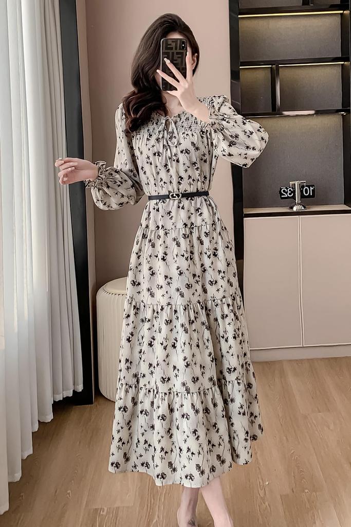 Floral Chiffon Long with Stylish and Elegant for Spring and Autumn [Chubikime] Women's Dress, A-Line, Flared, Belt,