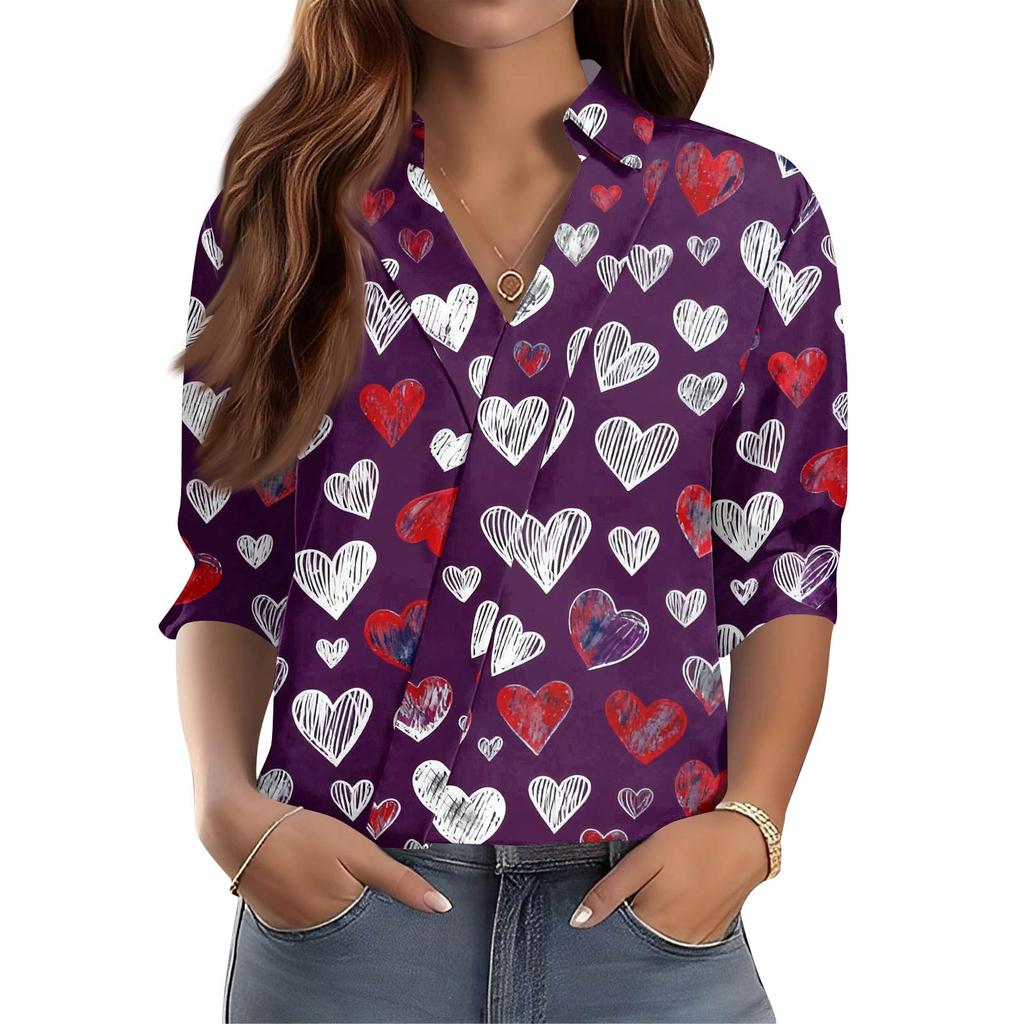 Women's 3/4-Sleeve V-Neck Shirt Printed Workwear Casual Regular Shirt Collar Top