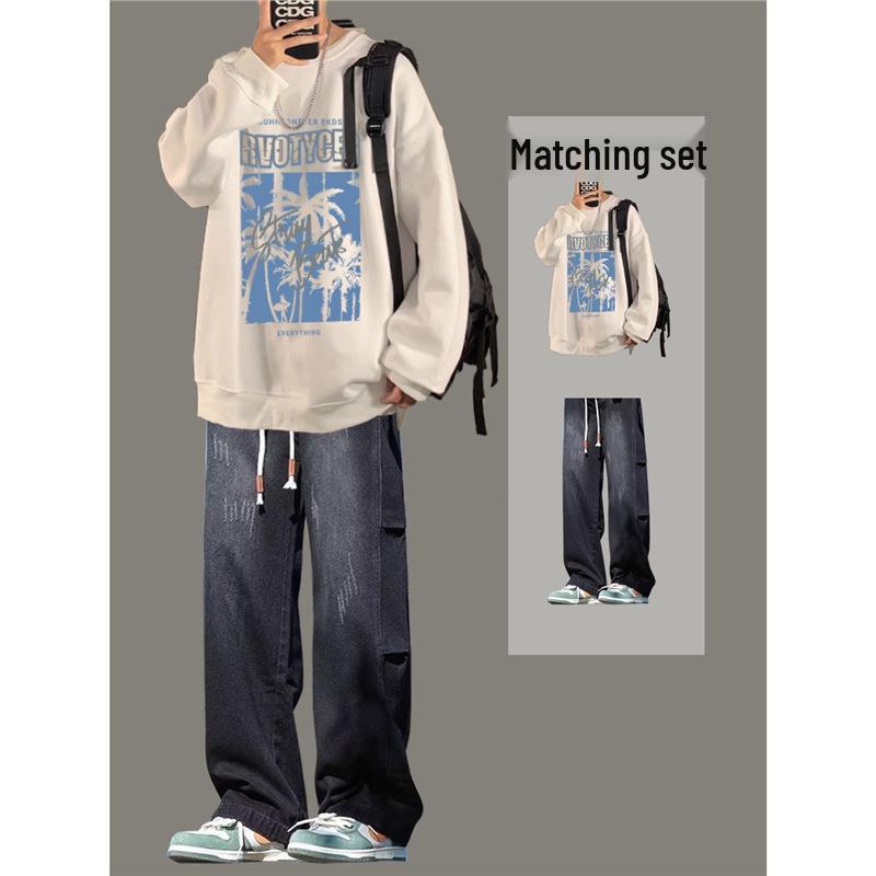 Boys' Trendy Loose Round Neck Sweatshirt & Jeans Set - Cool Casual Two-Piece Outfit for Spring & Autumn