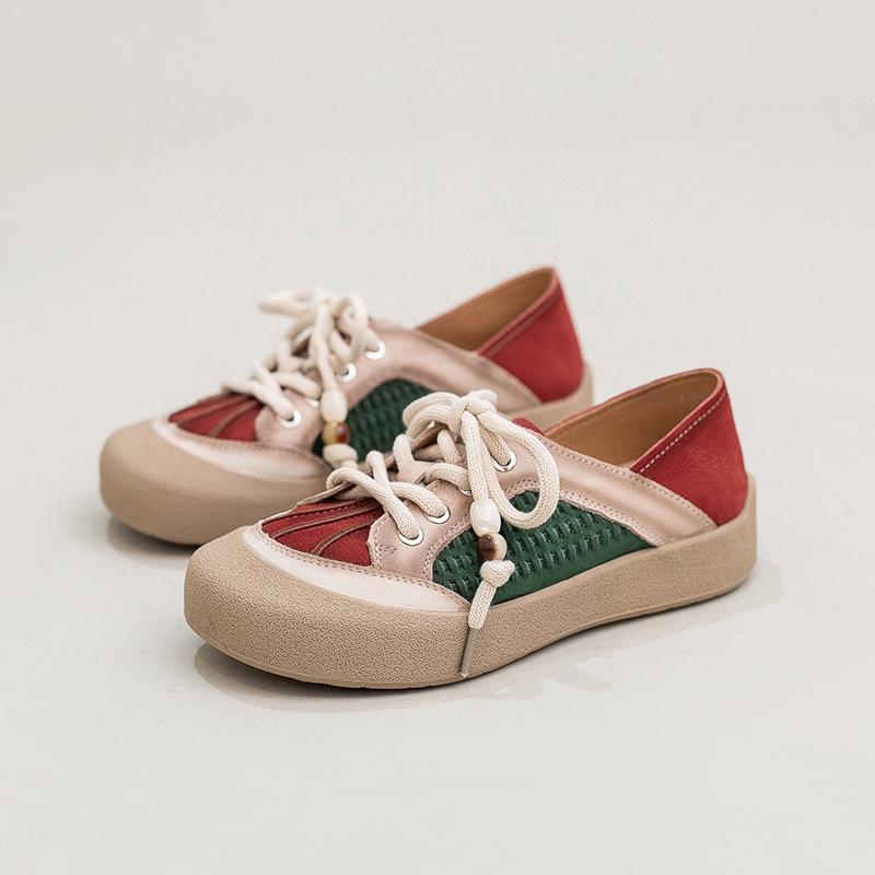 Johnature Mixed Colors Casual Lace-up Flats Genuine Leather Versatile Soft Soled Women's Shoes