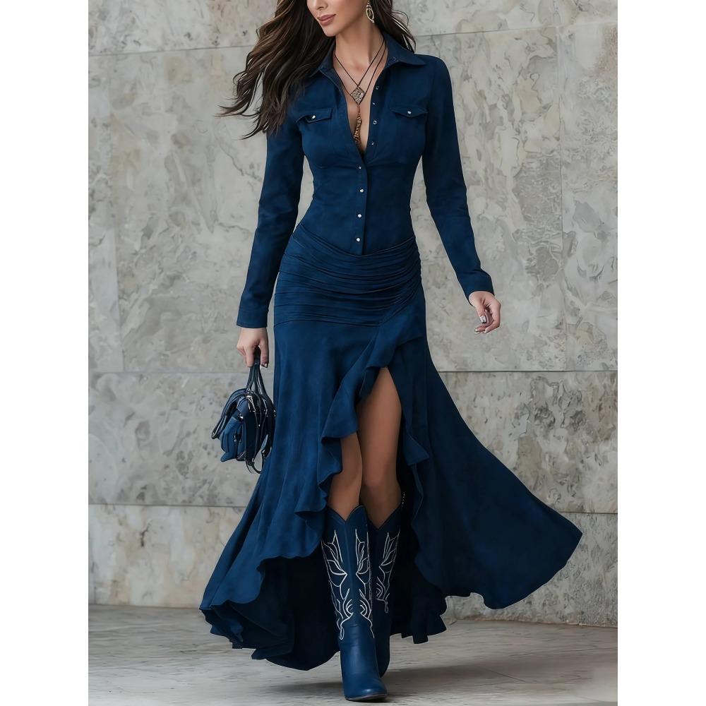 Women'S Fashion Elegance Temperament Zipper Lapel Pocket Dress Long Dress