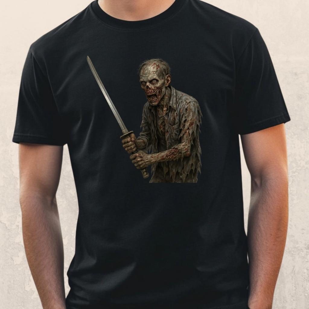 T-Shirt Zombie mit Katana – Apokalyptischer Krieger Style, Horror FunshirtWird in neuem Fenster oder Tab geöffnet