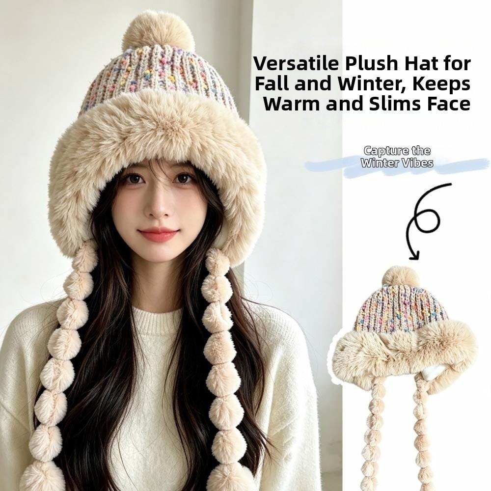 Fleece Lined Pompom Braids Hat Fur Brim Fur Trim Trapper Fleece Knit Beanie Teens