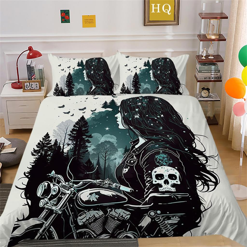 3D Beauty Skull Head Bedding Set Beauty Skull Head Motorcycle Pattern Quilt Cover Pillow Case 2/3 Pieces Microfiber Fabric Full Size Home Decoration