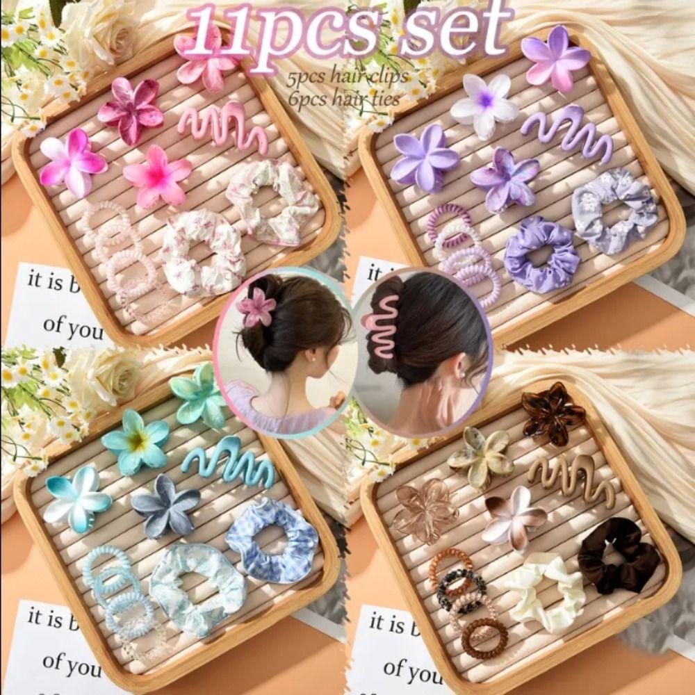 11pcs/Set Plumeria Hawaiian Hair Clamps Set Elastic Ponytail Holder New Hair Rope  Hair Styling