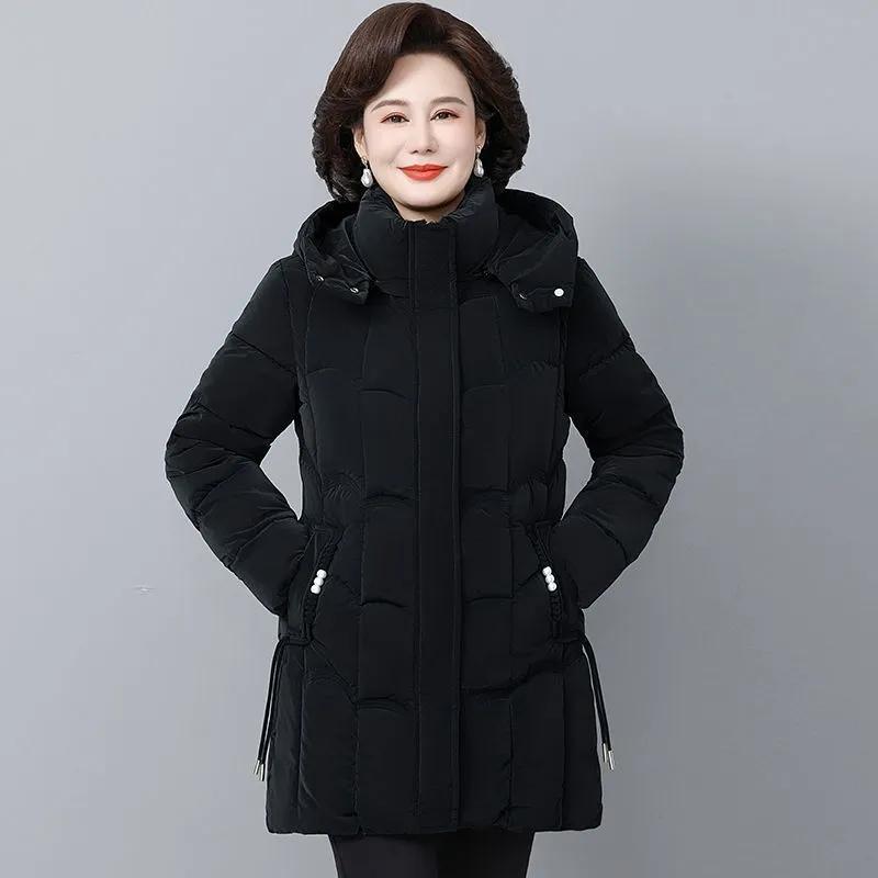 Women's Winter Thickened Hooded Parkas Quilted Long Pockets Middle Aged Female Overcoat
