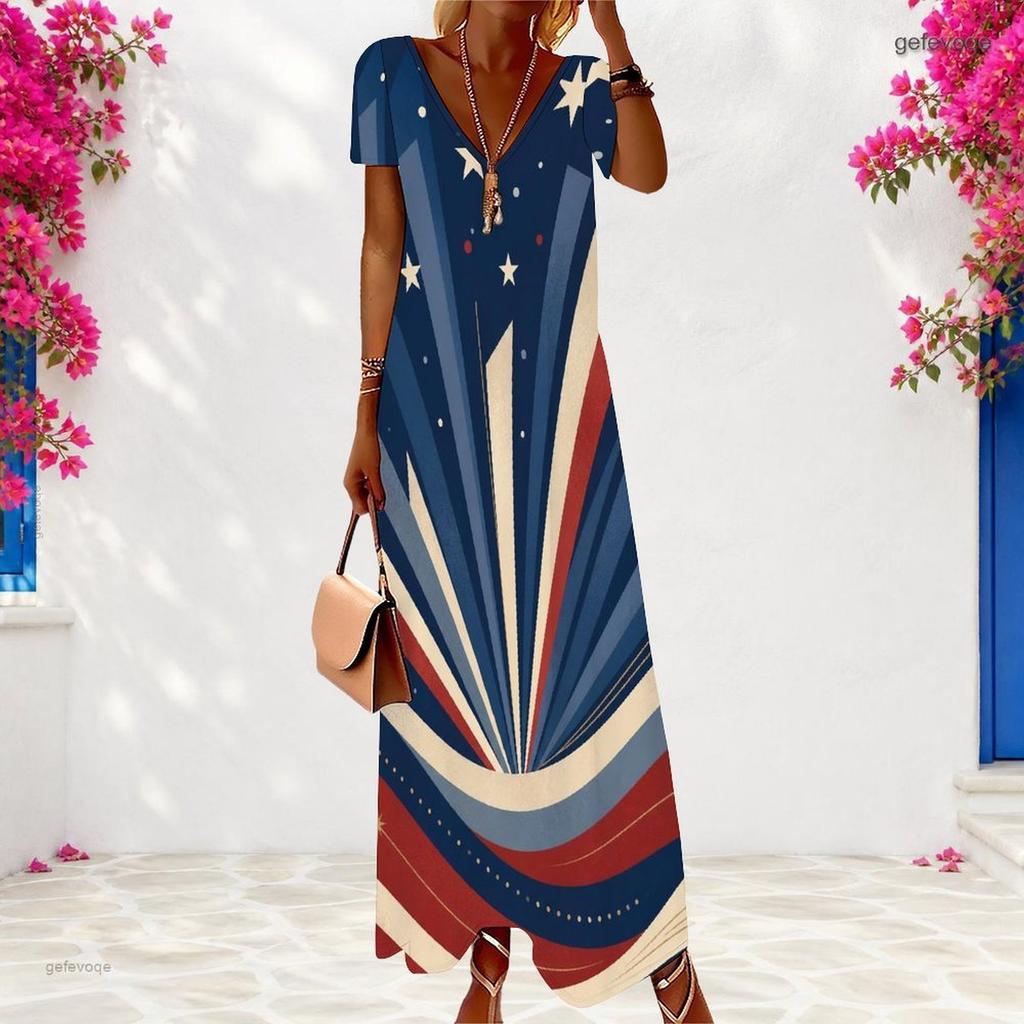 Women Plus Size V Neck Short Sleeve Beige Printed Loose Maxi Dress