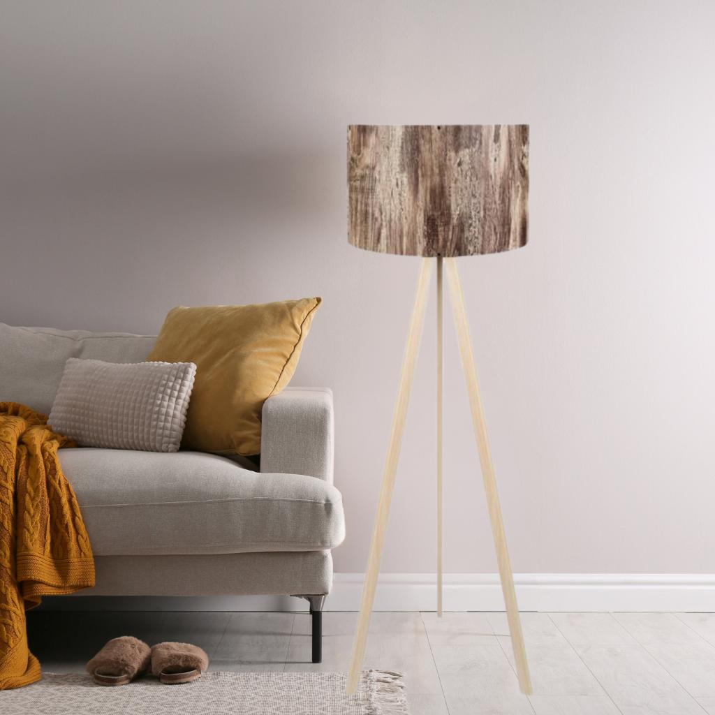 Pratik Ahşap Krem Tripod Ayaklı Pvc Ağaç Desenli Silindir Başlıklı Lambader