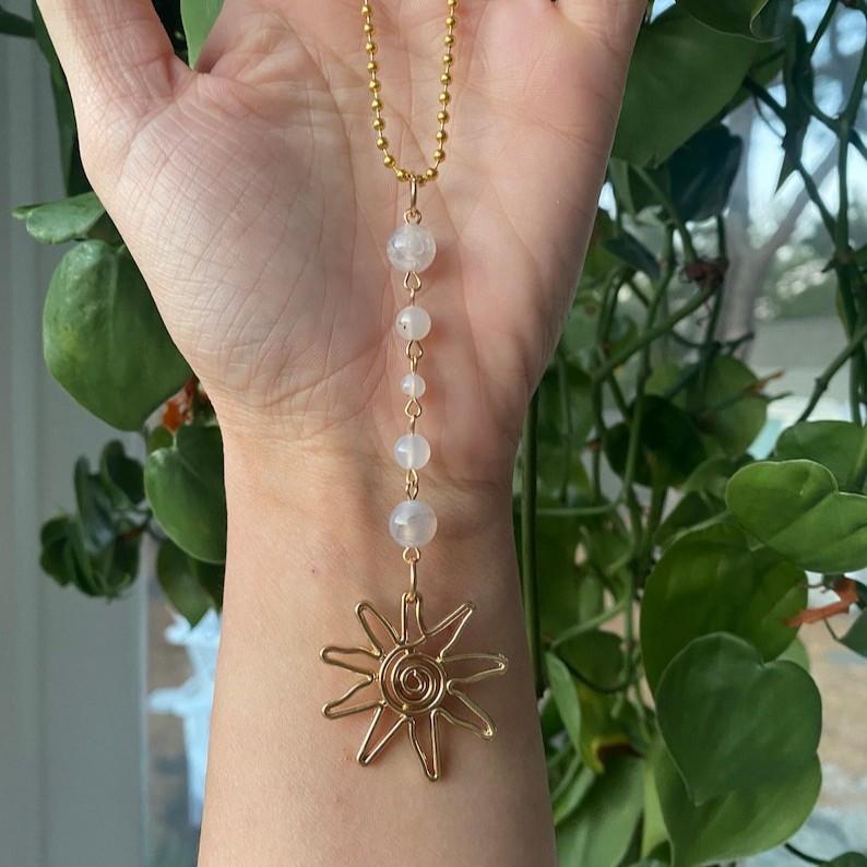 Sun Hanging Car Charm, Rear View Mirror Accessories Cute Boho Dangling Sun Car Decor Handmade Healing Crystals Stones Ornament Gifts