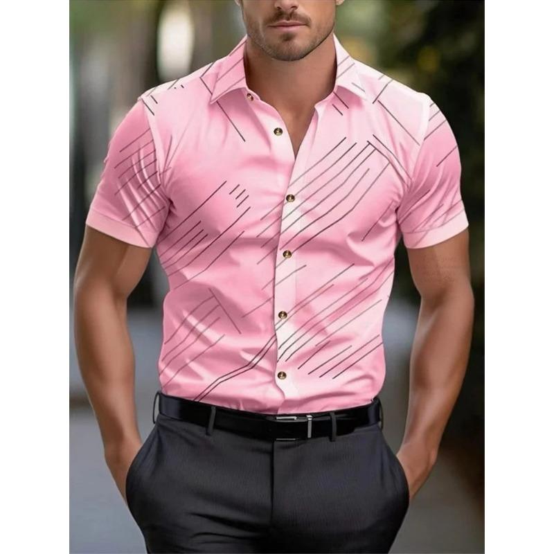 

Men s Pink Abstract Diagonal Line Printed Short Sleeve Button Down Shirt S
