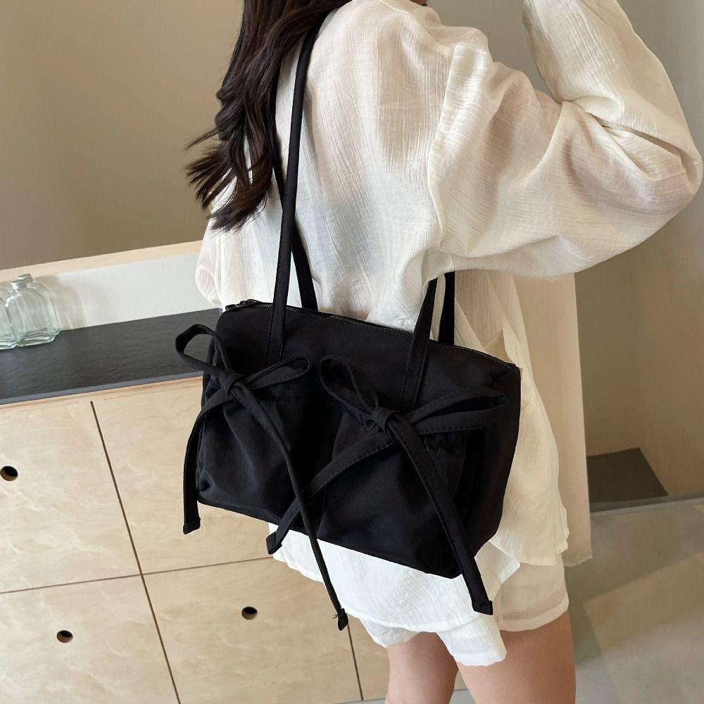 Large Capacity Pleated Shoulder Bag Korean Style Armpit Bag Fashion Bow Nylon Tote Bag  Girls