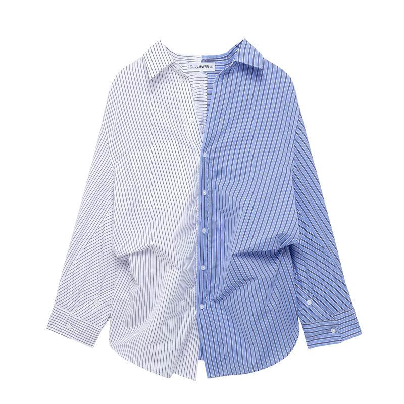 

TAOP&ZA Spring/Summer Women s Casual Striped Patchwork Loose Shirt with Turn-Down Collar Extra Small