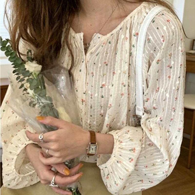 French Style Chic Floral Blouse for Women New Spring Summer Design Loose Fit Long Sleeve Casual Shirt