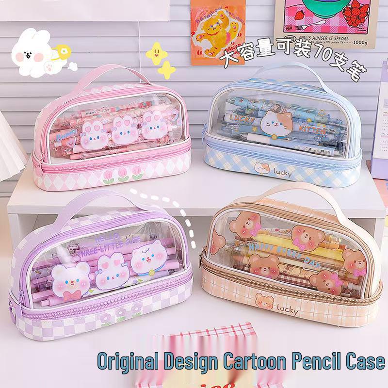 Transparent Cartoon Pencil Case - Large Capacity Student Stationery Box Yellow Shy Bear Handheld Transparent Pencil Case