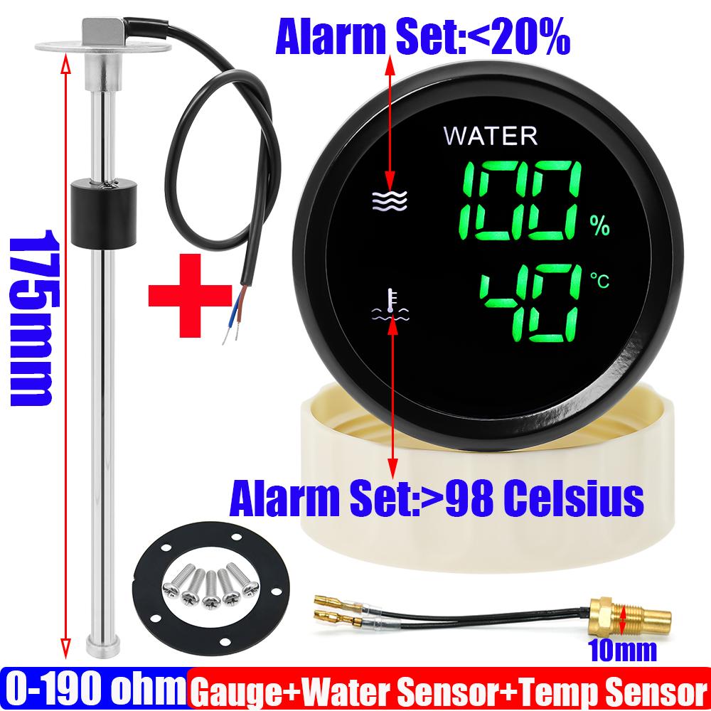 Digitales 2-in-1 Doppel-52mm Messgerät mit Alarm 0-190 OHM Wasserstandssensor für Wasserstandsanzeige + Wassertemperaturanzeige Auto Auto 12V24V benutzerdefiniert