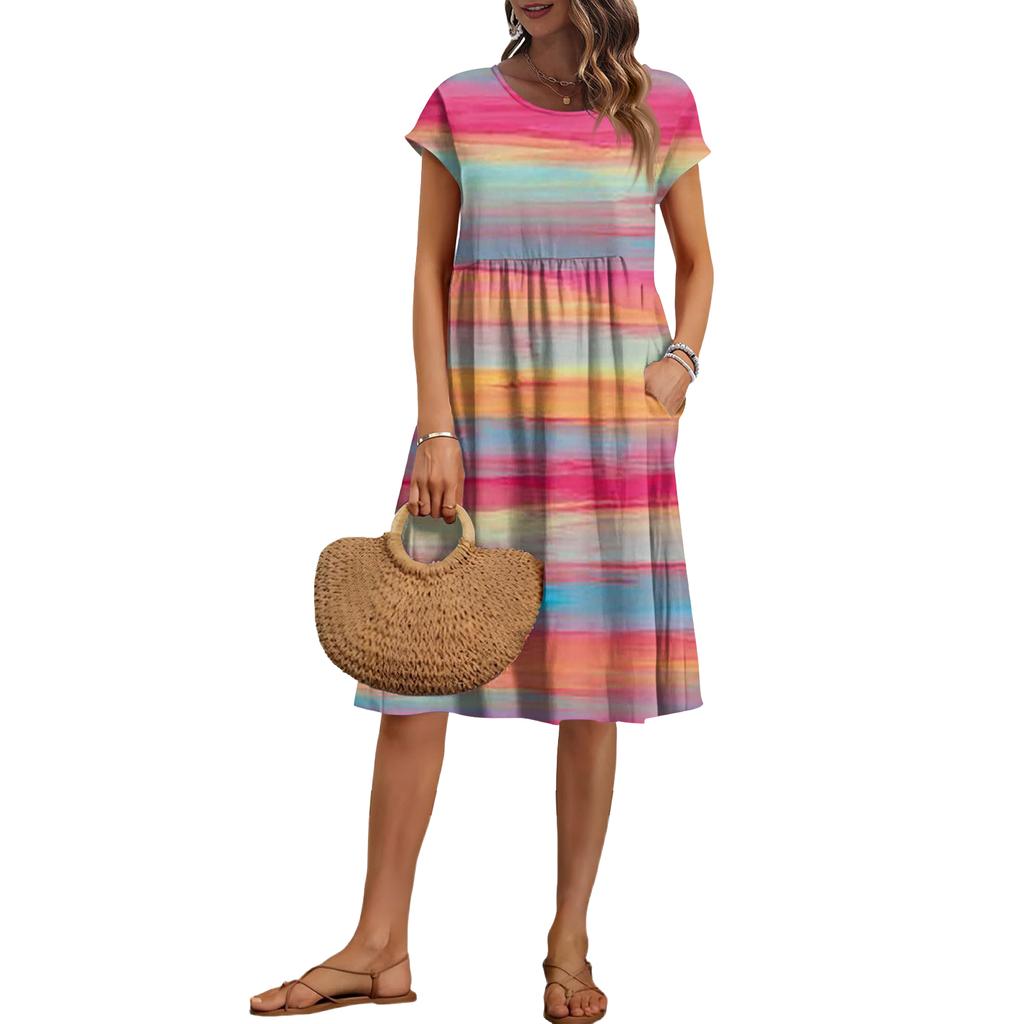 Women's Summer Fashion Casual Round Neck Short Sleeve Striped Print Dress