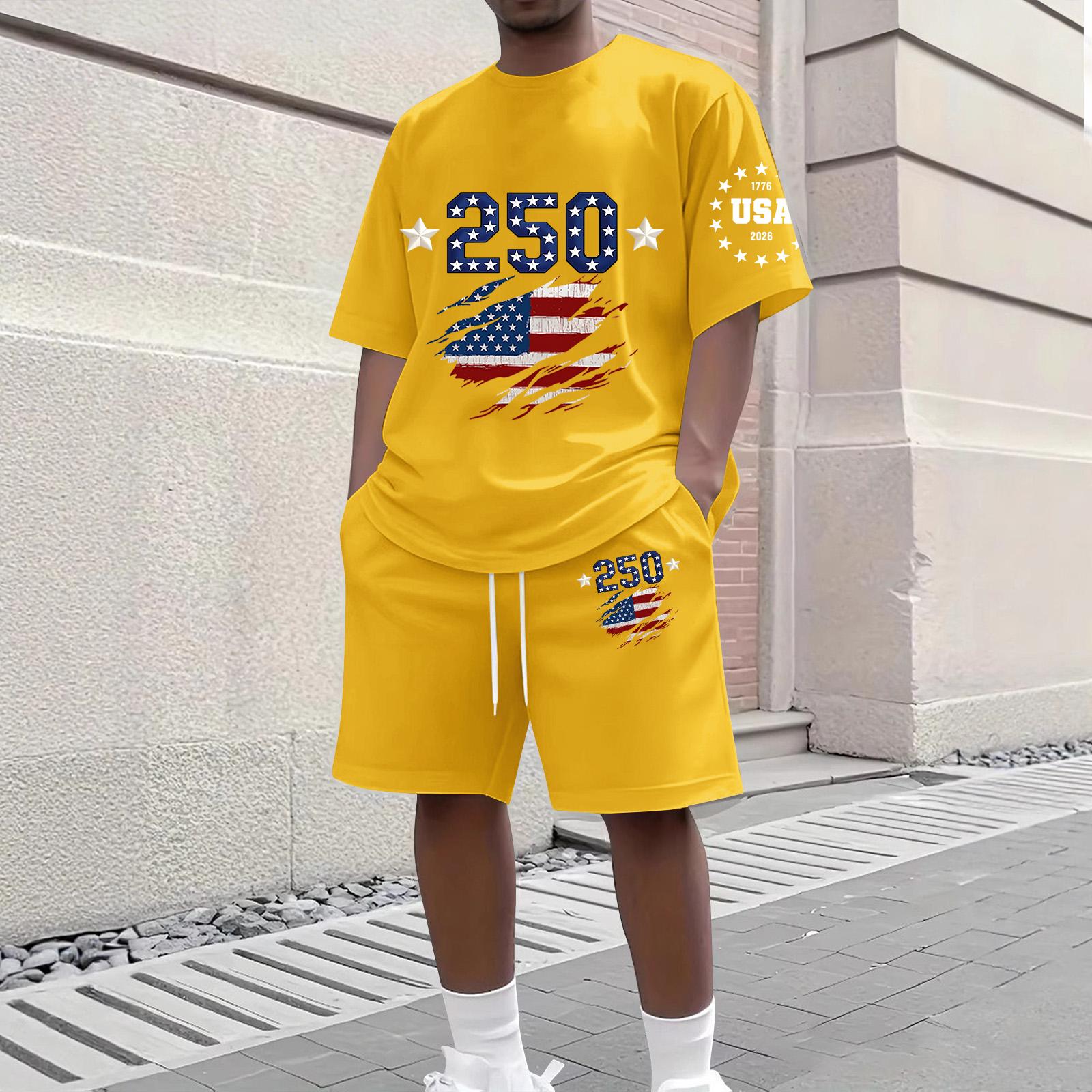 

Men s Casual Short Sleeve Crew Neck Top and Shorts Set with Flag Print Lightweight Breathable Summer Outfit XXL