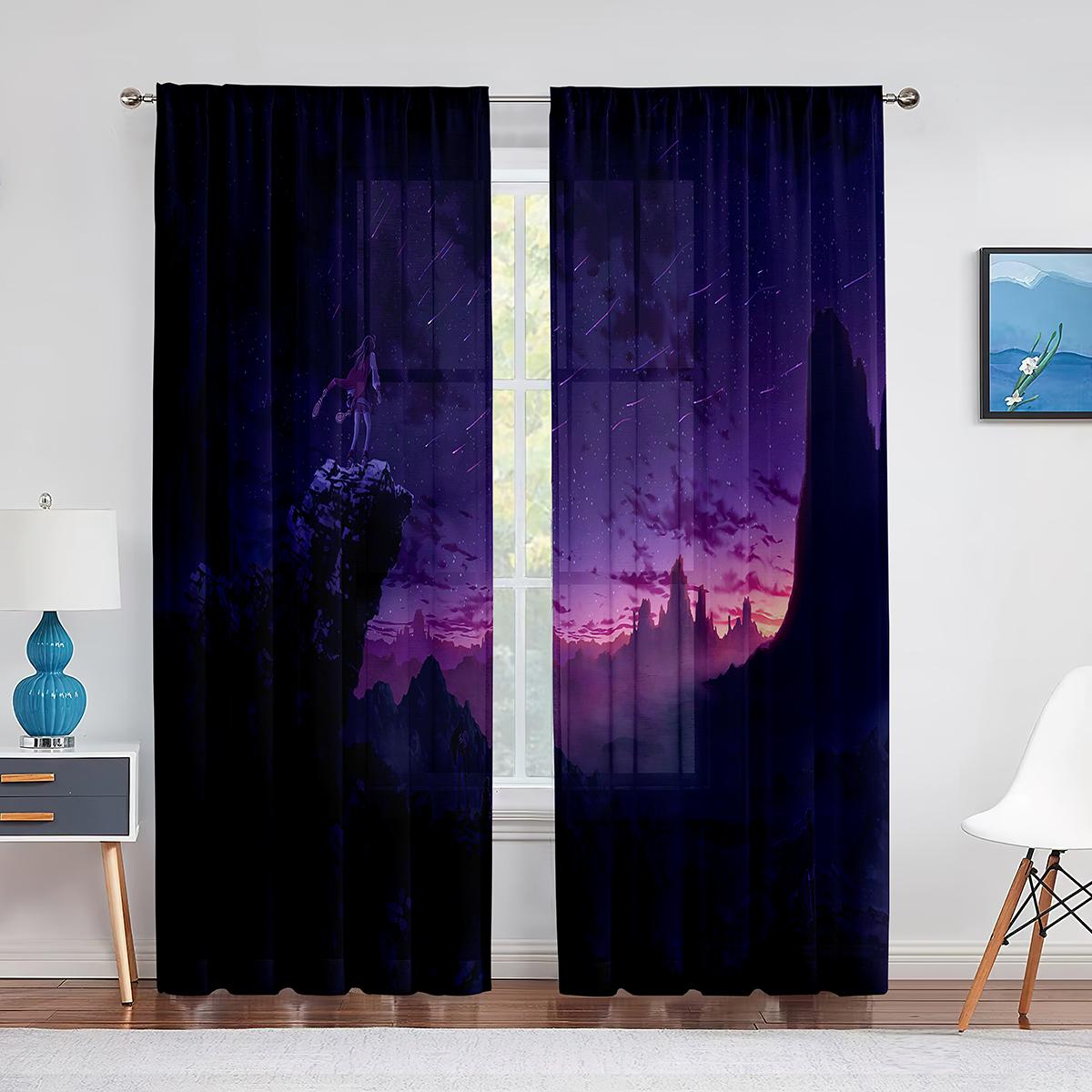 Тюлевые шторы с фиолетовым цветком и полем одинокого дерева — фото 12