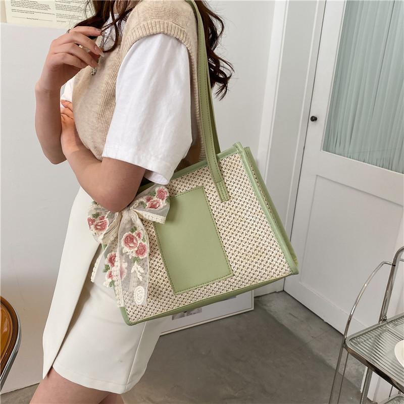 New straw tote bag simple and elegant silk scarf shoulder bag literary lady summer beach large-capacity handbag