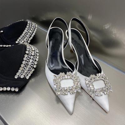 Square Buckle Water Diamond Toe Sandals 2024 Summer New Party Shoes Pointed Thin Heel Hollow Leather High Heels