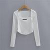 Crop top da donna con scollo quadrato, design a lisca di pesce, strisce piccanti, maniche lunghe
