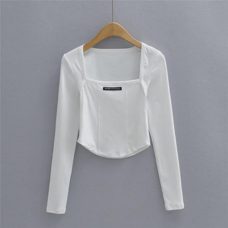 Crop top da donna con scollo quadrato, design a lisca di pesce, strisce piccanti, maniche lunghe