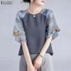 ZANZEA Women Casual Round Neck Loose Print Splice Half Sleeve Blouse