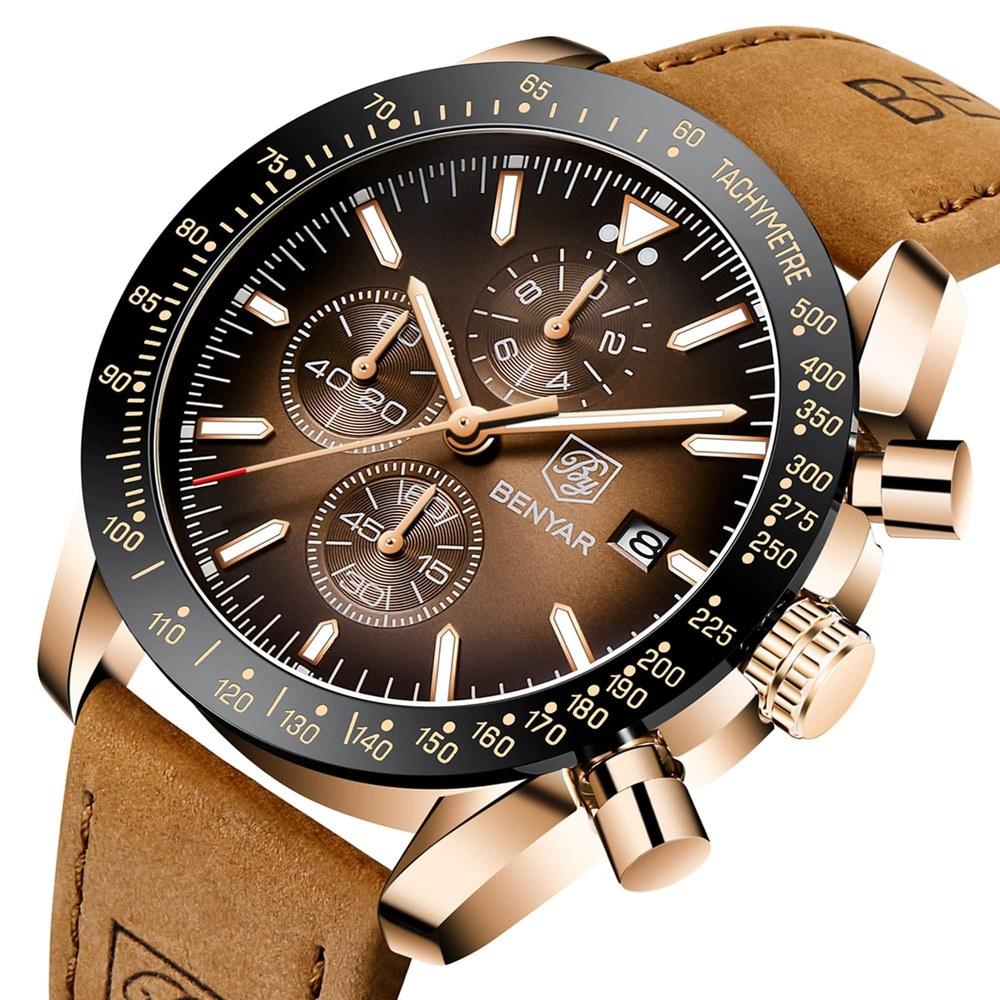 Benyar Men's Chronograph Analog Watch 30M Waterproof Business Stylish Formal Leather Band Quartz Gift