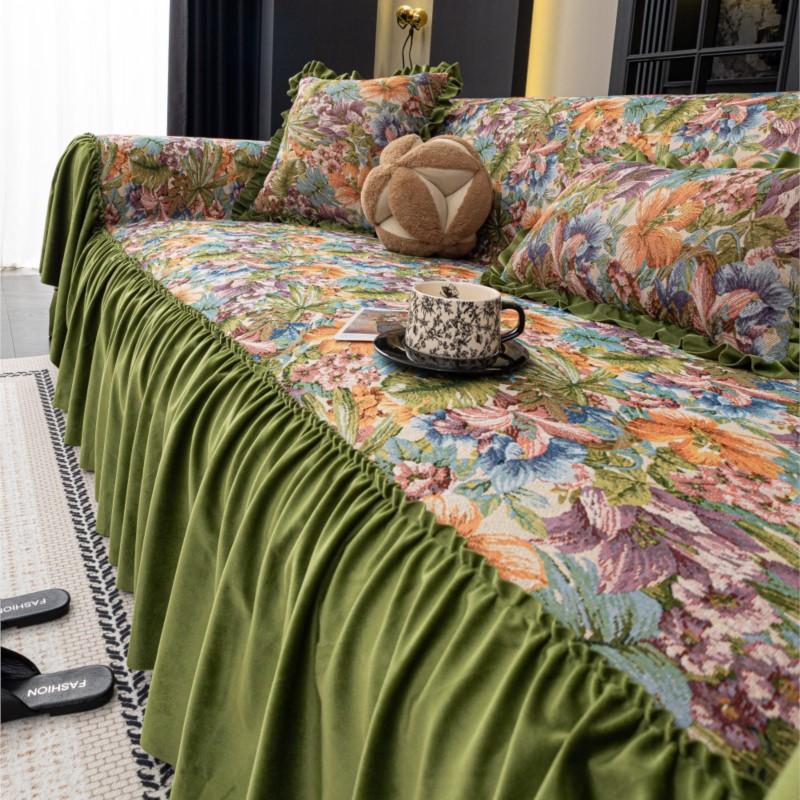 French Ruffled Edge Mat Aesthetic Anti-Slip Cooling Flower Printed Couch Cushion Mats Autumn Universal Chenille Sofa Cover