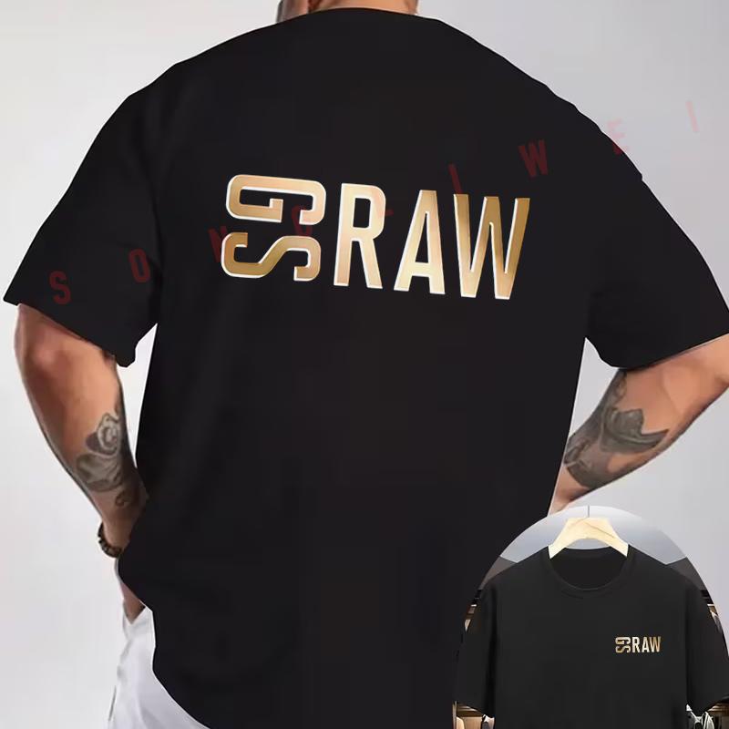 RAW Golden Logo Design Motorcycle T-Shirt Double-Sided Print Men's Short Sleeve Round Neck Cas