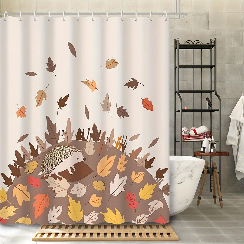 1Pc Autumn Home Decor Thanksgiving Cartoon Falling Maple Leaves Animal Hedgehog Shower Curtain Polyester Fabric Machine Washable