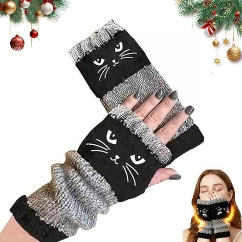 

Women’s Knitted Fingerless Gloves with Cat Embroidery,Thick Warm Winter Gloves,Essential for winter travel One Size чёрный