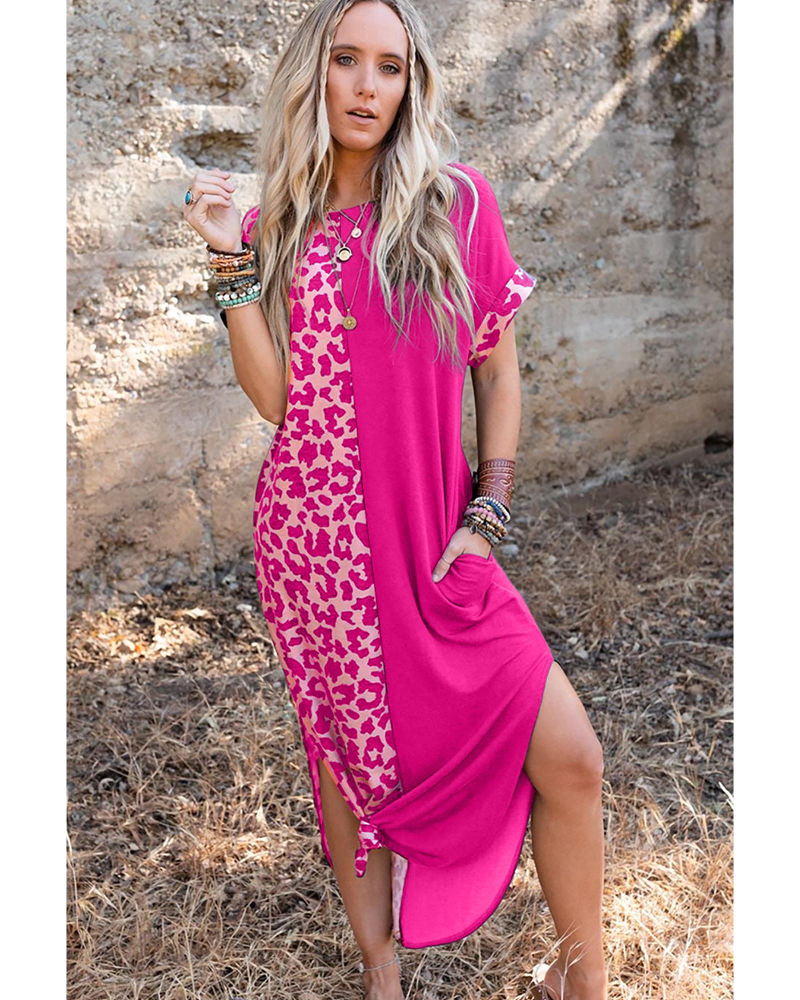 

Azura Exchange Leopard Print T-shirt Dress with Slits S Яскраво-рожевий
