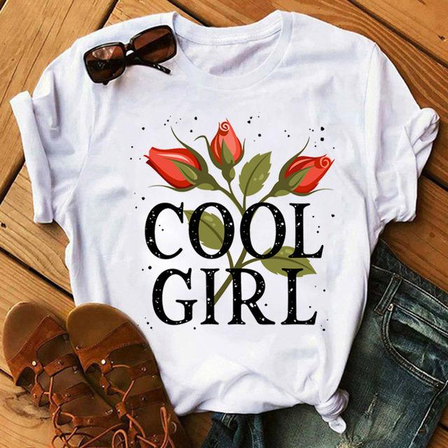 Fashion Women T Shirt Flower Printed T Shirt Casual Black Tops 90s Ladies Girl Tee Shirt Female Harajuku Graphic T -Shirt