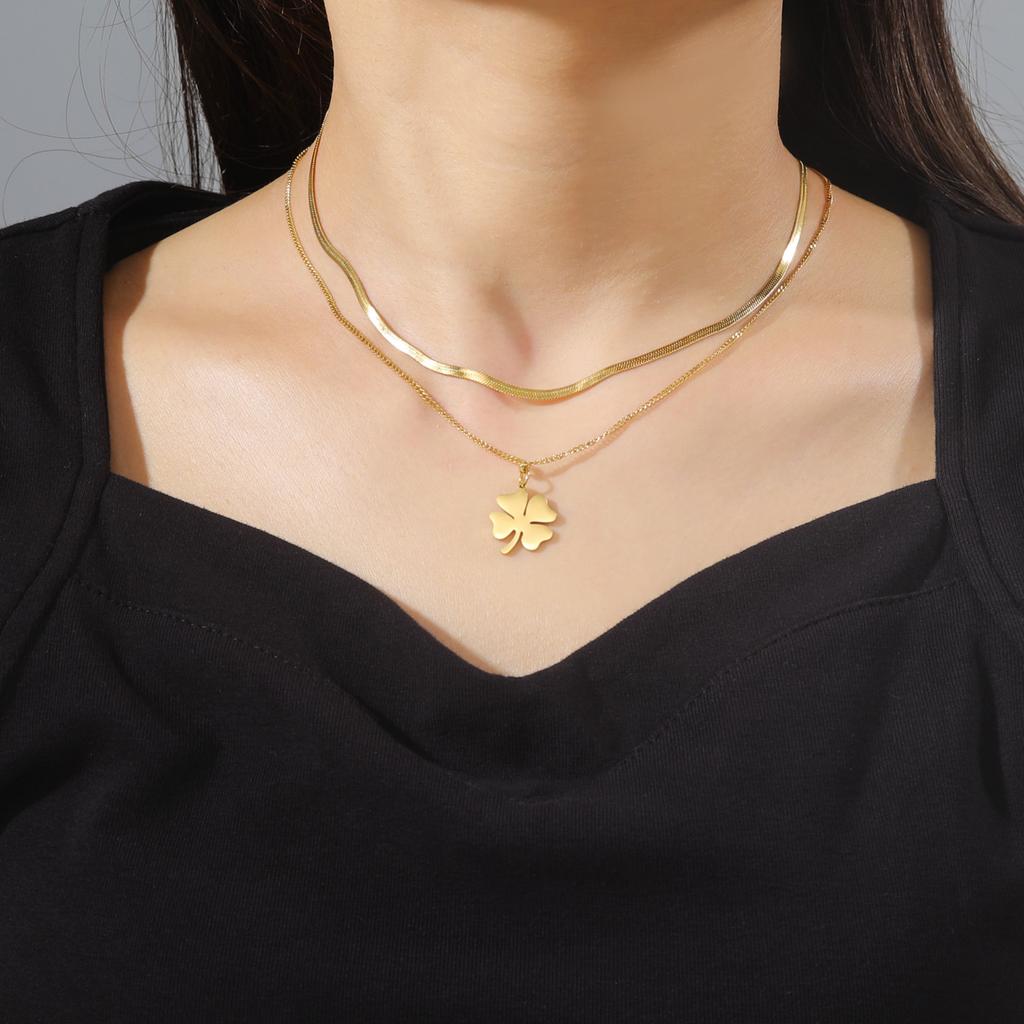 Cazador 2025 Lucky Clover Pendant Necklace Stainless Steel Gold Color Double Layer Chain Necklaces for Women Girls Jewelry Gift