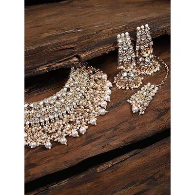 Gold Tone Kundan & Pearls Bridal Choker Necklace Set For Women