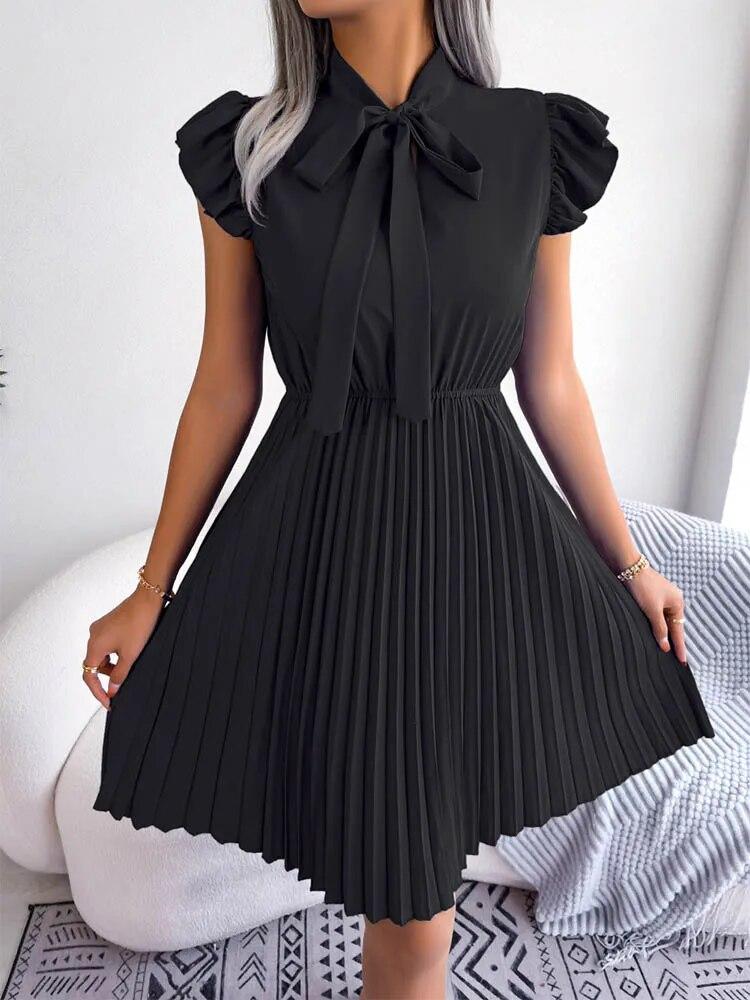 Summer Kawaii Cute 2024 Femme Office Lady Dresses A-line Party Clubwear Half Open Pleated Mini Sundress Bowknot Women Dress H215