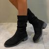 Fashion Classic Solid Black Suede Mid Calf Western Boots Women Brand Designer Medium Heel Riding Boots Sexy Pleated Silp On Winter Shoes