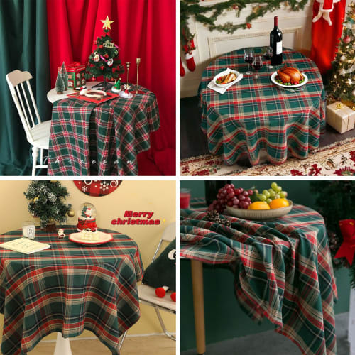 FINGOOO Christmas Tablecloth, Checkered Decorative Green and Red Plaid, Washable, Stain-Resistant, Heat-Resistant, Durable, Rectangular, Nordic Style,