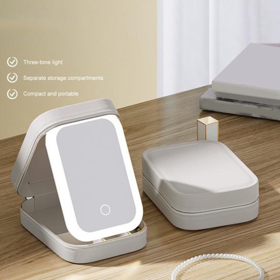 Reisesminkepose med LED-speil USB-oppladbart 3 farger Justerbart opplyst sminkespeil Bærbar reise Mini-speil Kosmetikkveske Smykker