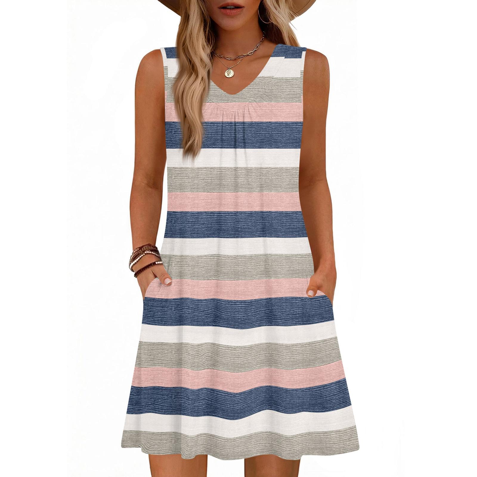 

Женский Модный Летний Топ-майка Без Рукавов с V-образным Вырезом, Принтованный, с Карманом, Повседневное Свободное Платье M