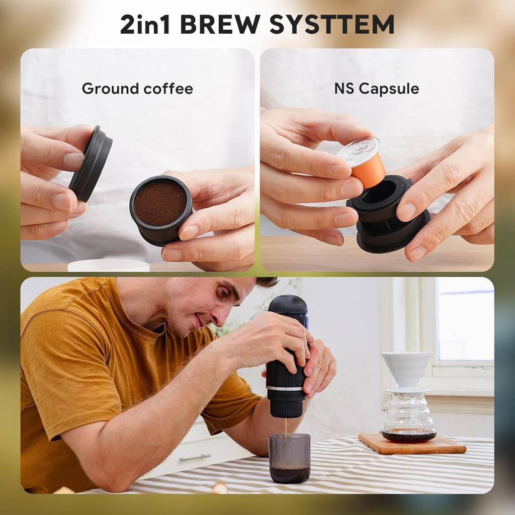 Portable Espresso Maker for Travel & Camping, Self-Heating 3-in-1 Coffee Machine Compatible with Nespresso, Dolce Gusto & Ground Coffee