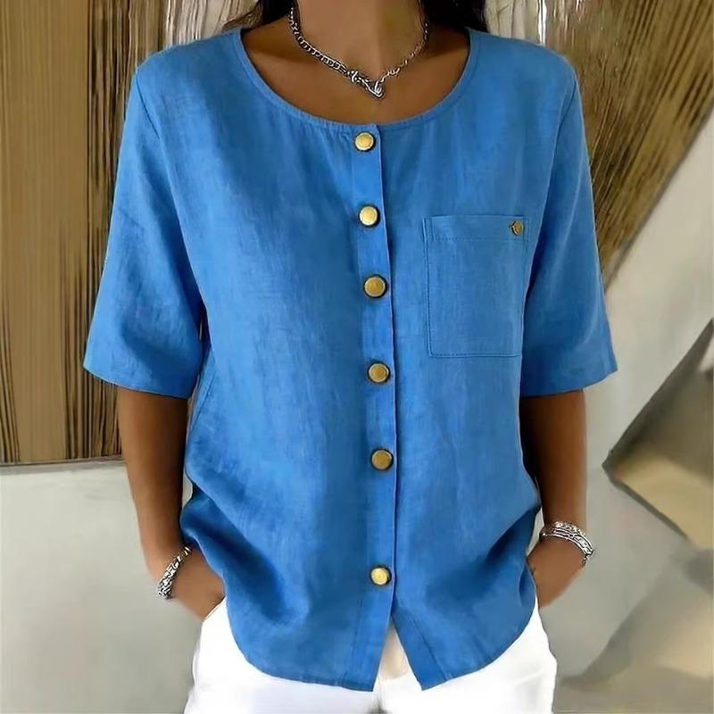 

Women s Linen Blend Button Down Shirt Round Neck Half Sleeve Casual Top with Pocket S синий