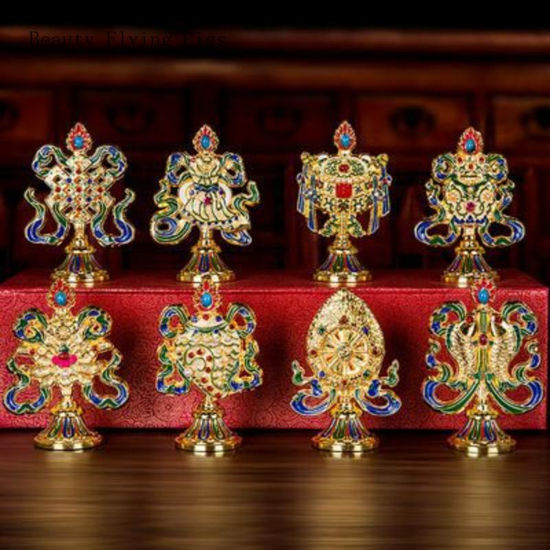 

3-дюймовый набор из восьми окрашенных предметов из сплава для подношения Будде в тибетском буддийском тантрическом буддийском зале религиозного буддизма 8 ШТ./ЛОТ