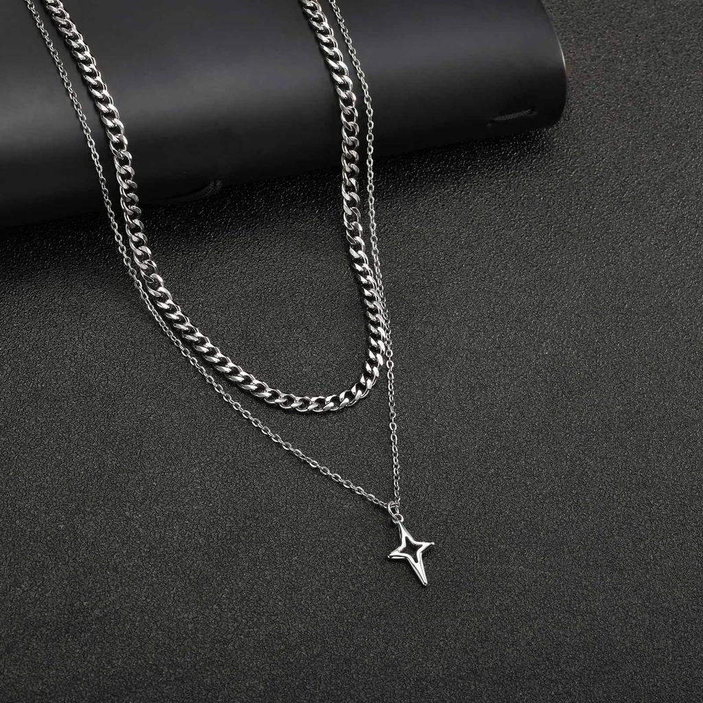 Hip-hop 2pcs Star Necklace for Men Boys,Trendy Stainless Steel Silver Color Four-point Star Stacked Chokers Gift