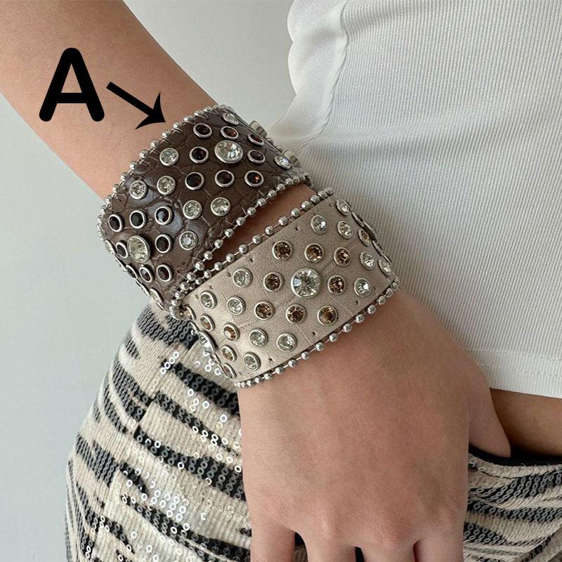 Punk Hip-Hop Rhinestone Bracelet Retro Western Wasteland Hottie Leather Snap Bracelet for Women Jewelry HUANZHI New