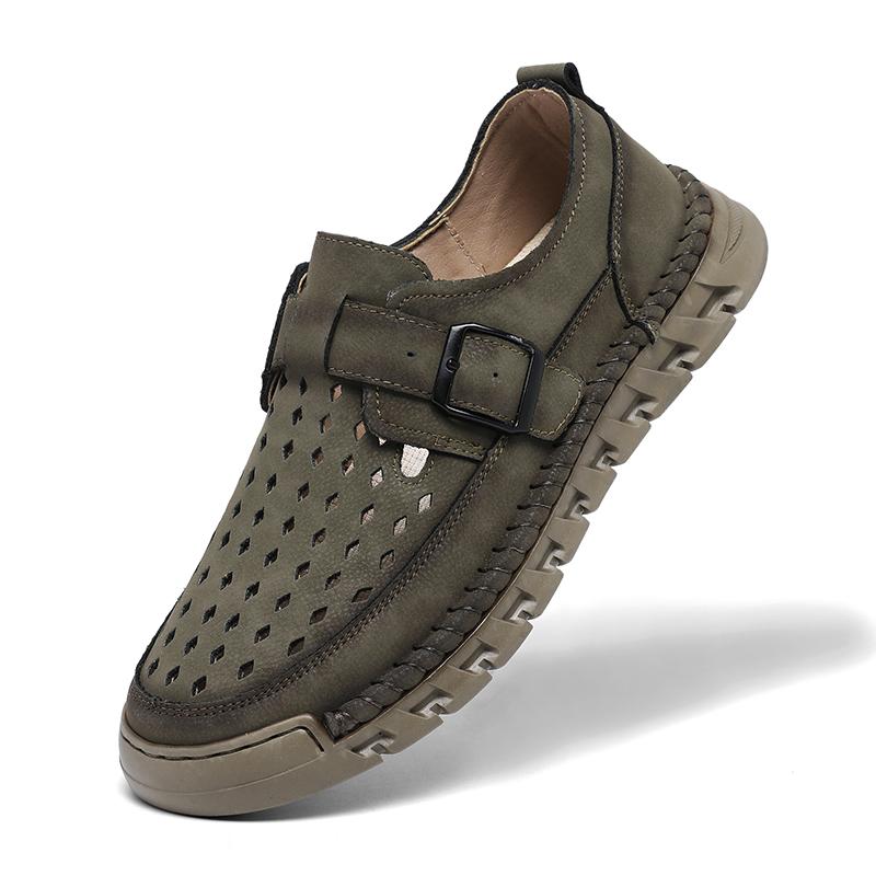 Fashion Summer Men's Perforated Breathable Handmade Stitched Cowhide Soft Sole Single Shoes Fashion Outdoor Men Comfortable Casual Shoes