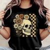 Checkered Floral Skeleton T-and Kids Tshirt, Vintage Skull Daisy Halloween Tee