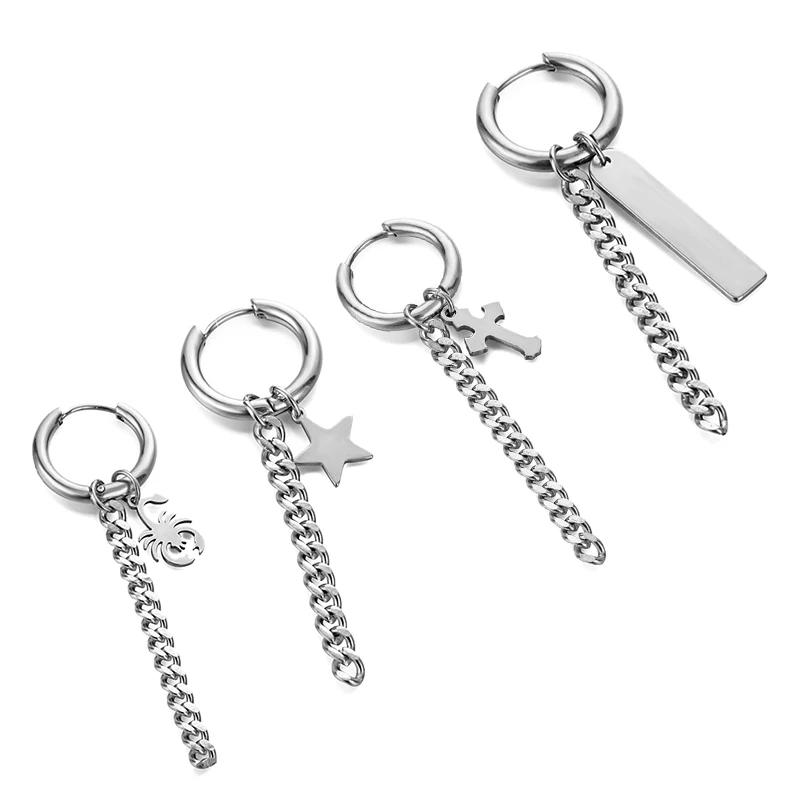 Punk Stainless Steel Chain Hoop Earrings Unisex Goth Pop Hip Hop Pendants Fashion Ear Jewelry Accessories