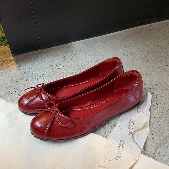 Mãe da uva outono novo couro macio com cera de óleo sapatilhas de balé laço boca rasa não cansam os pés sapatos baixos simples mulheres